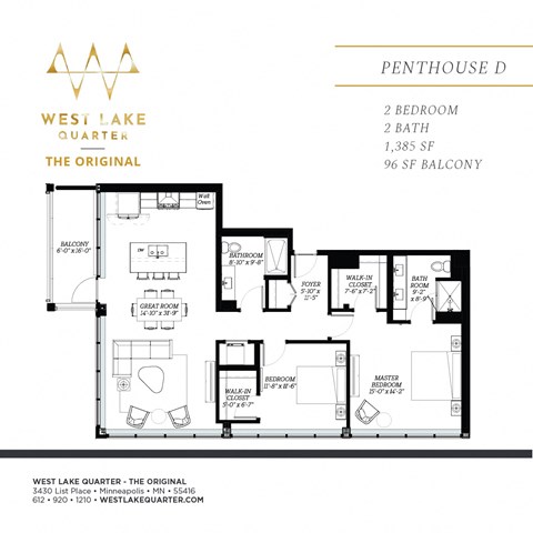 Floor plan for 2 beds, 2 baths, 1385 sqft